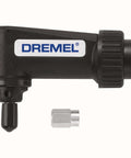 Dremel right-angle attachment for rotary tools; black housing with blue logo; metal adapter shown.