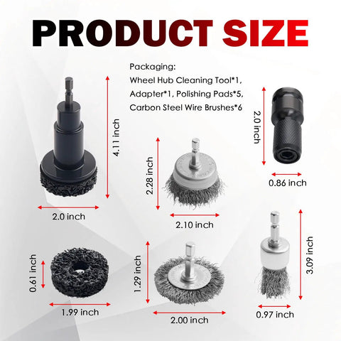 Product size illustration for No Sweat All In One Wheel Hub And Brake Rotor Cleaning Kit With Heavy Carbon Steel Wire Brushes.