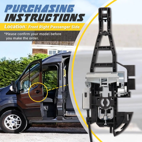 Ford Transit front right passenger door lock latch close-up, easy install for 2015-2023 Transit 150, 250, 350, V6 3.5L.