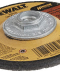 DEWALT metal grinding wheel, 4-1/2 in diameter, 1/4 in thick, 5/8 in arbor, close-up view