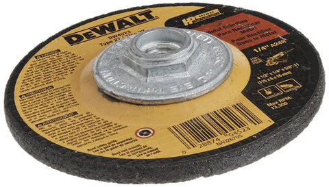 DEWALT metal grinding wheel, 4-1/2 in diameter, 1/4 in thick, 5/8 in arbor, close-up view