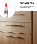 Beefy Heavy Duty Stainless Steel Toggle Clamp Latch With Adjustable Pull For Factory And Restaurant Cabinets shown with wood cabinet