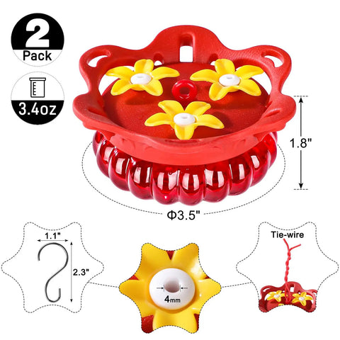 Two Pack Glass Hummingbird Feeders For Outdoors, Hanging Style With Bee Guard Ports, 3.4 Oz Capacity, Red Handheld Design