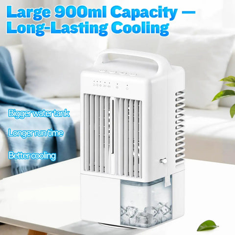 Portable Evaporative Cooler With 900ml Tank, Mini Air Conditioner Fan For Room on table, showcasing large water tank and vents.