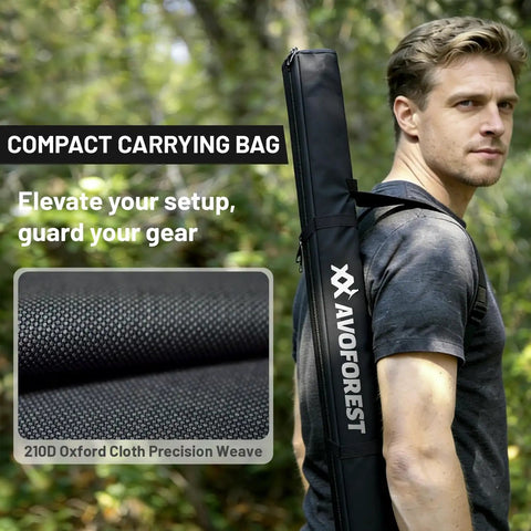 Man carrying Heavy Duty Adjustable Tarp Poles, 9.2ft Aviation Aluminum Telescoping Tent Poles bag, rugged outdoor setting.