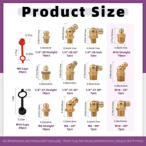 All In One SAE And Metric Brass Grease Nipple Kit With Caps 156 Pcs Hydraulic Fittings Set size chart showing zerks and caps