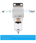 One Quarter Inch NPT Compressed Air Line Filter With Five Micron Brass Element Bracket Poly Bowl Semi Auto Drain 145 Psi Max Inlet
