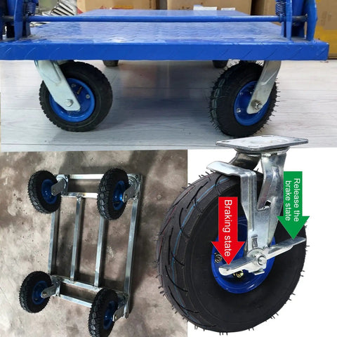 Heavy Duty Swivel Caster Set Featuring Thick Rubber Pneumatic Wheels Designed To Dampen Vibration On Rolling Furniture And Warehouse Carts equipped with side brakes.