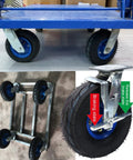 Heavy Duty Pneumatic Rubber Casters Set Of Four With Side Brakes, steel hub with non-flat tires, on utility cart.