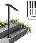 Rock Solid Heavy Duty Outside Step Railing With Matte Black Powder Coat Finish And 330 Lbs Load Rating installed on concrete steps with installation hardware.