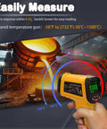 Infrared Temperature Gun With 50 To 1 Distance To Spot Ratio Minus 50 C To 1500 C Range About 2 Percent Accuracy Auto Power Off And Low Battery Indicator Non Contact Temperature Readings For Home Garage Workshop, yellow handheld unit in industrial foundry
