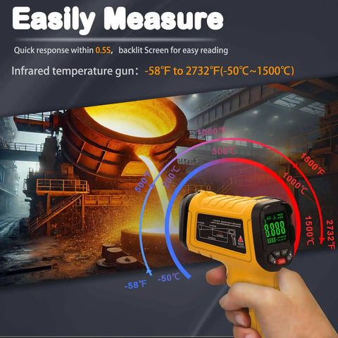 Infrared Temperature Gun With 50 To 1 Distance To Spot Ratio Minus 50 C To 1500 C Range About 2 Percent Accuracy Auto Power Off And Low Battery Indicator Non Contact Temperature Readings For Home Garage Workshop, yellow handheld unit in industrial foundry