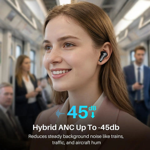 Woman wearing Hybrid Active Noise Cancelling Wireless Earbuds With Six Microphones commuting on train background
