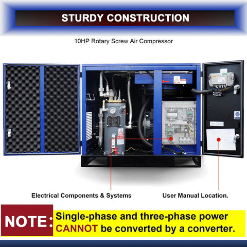 Heavy Duty 10HP Industrial Rotary Screw Air Compressor, 34CFM At 125 PSI, Low Noise 62 DBCabinet For Workshop Manufacturing, Continuous Duty 230V 3Phase Power