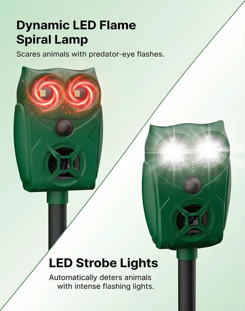 Ultrasonic Animal Repeller With Motion Sensor And LED Light 2 Pack Waterproof Outdoor Yard Deterrent, green stake-mounted unit
