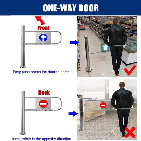 Heavy Duty Automatic Swing Gate With Bulletproof Metal Build And No Drama Crowd Control For Warehouses Retail Stores Libraries Smooth Auto Close Plus Left Opening Setup For Secure Access Solutions, one-way door with push entry and restricted exit.