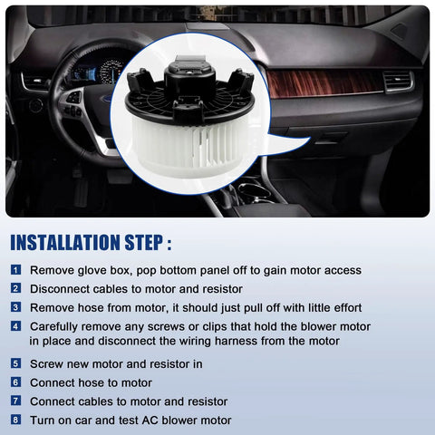 Installation diagram for AC Blower Motor Fan Replacement for Ford Edge, Fusion, Honda Pilot, Accord, Odyssey, CRV, Dodge Ram