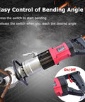 Professional Electric Hydraulic Rebar Bender 3200W Brushless Motor showing bending angle control mechanism for steel rods.