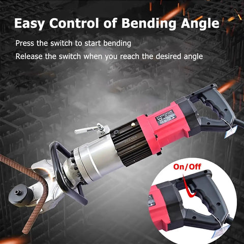 Professional Electric Hydraulic Rebar Bender 3200W Brushless Motor showing bending angle control mechanism for steel rods.