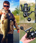 Lightweight Ultra Smooth Aluminum Spinning Fishing Reel With Graphite Spool shown with fish caught, close-up of reel