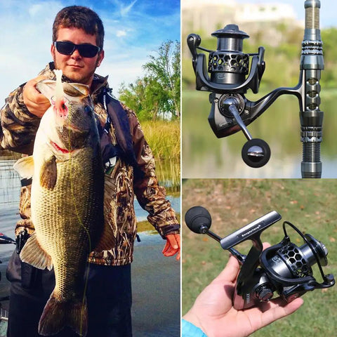 Lightweight Ultra Smooth Aluminum Spinning Fishing Reel With Graphite Spool shown with fish caught, close-up of reel