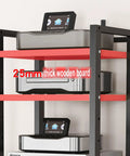 Dope Multi Function Open Storage Rack 8 Tier AV Component Stand With Height Adjustable Wooden Shelves Movable Audio Tower For Home And Office Ideal For CD Players Receivers And Gear Heavy Duty 25mm Thick Boards, 25mm shelf detail