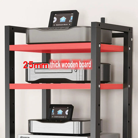 Dope Multi Function Open Storage Rack 8 Tier AV Component Stand With Height Adjustable Wooden Shelves Movable Audio Tower For Home And Office Ideal For CD Players Receivers And Gear Heavy Duty 25mm Thick Boards, 25mm shelf detail