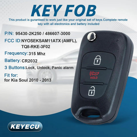 Kia Soul Replacement Remote Key Fob Must Have Drop In Battery Included 2010 2011 2012 2013 3 Button Flip Key