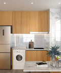 Modern kitchen with oak wood peel and stick wallpaper for cabinets and drawers, light wood grain self adhesive contact paper installed.