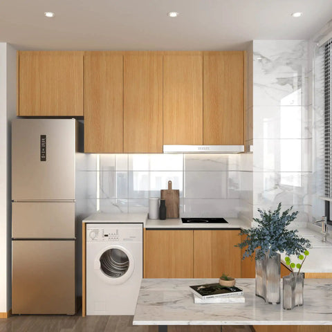 Modern kitchen with oak wood peel and stick wallpaper for cabinets and drawers, light wood grain self adhesive contact paper installed.