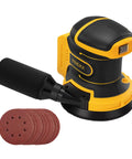 Five Inch Brushless Cordless Random Orbital Sander Cranks Out Twelve Thousand Opm Tough As Nails Palm Sander shown with sanding discs.