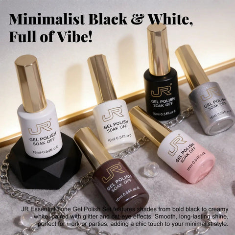 Six 16ml Gel Nail Polish Set With Milk White Pink Black 9D Cat Eye Glitter LED Soak Off Nail Kit displayed on a surface