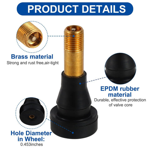 Close-up ST Shengtuo TR600HP tire valve stem; brass core, EPDM rubber seal, 0.453in hole, 1.71in length, pack of 5