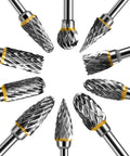 Set of 10 Hardcore Tungsten Carbide Rotary Burrs with 3mm shank and 6mm cutting bit, arranged in a circle, for wood, stone, metal working.