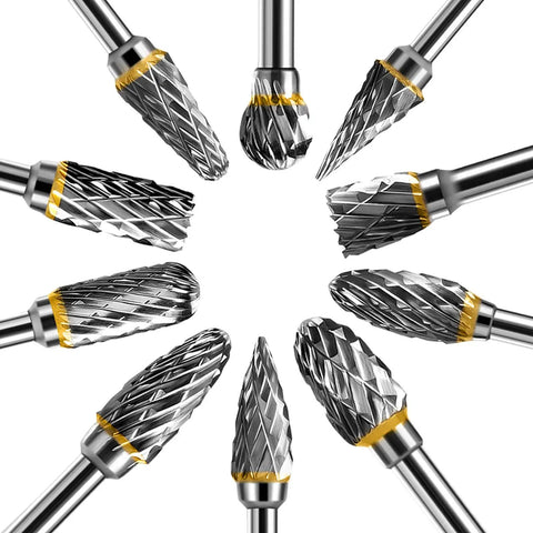 Set of 10 Hardcore Tungsten Carbide Rotary Burrs with 3mm shank and 6mm cutting bit, arranged in a circle, for wood, stone, metal working.