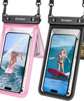 IPX8 Waterproof Pouch 2 Pack With Lanyard Double Window Dry Bag Case for iPhone 17 16 15 14 Pro Max, black and pink shown