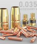 Top Tier Yeswelder Mig Welding Gun Accessory Kit With 0.035 Inch Tip Nozzle And Diffuser For Miller Millermatic M-10 And Hobart H-9 Torches, featuring copper tips and gold nozzles.