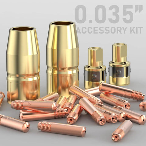 Top Tier Yeswelder Mig Welding Gun Accessory Kit With 0.035 Inch Tip Nozzle And Diffuser For Miller Millermatic M-10 And Hobart H-9 Torches, featuring copper tips and gold nozzles.