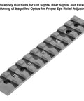 Heavy Duty Ruger 10/22 Picatinny Rail Mount With Sleek Matte Black Finish Machine Milled From Solid Aircraft Aluminum For Hassle Free Scope Alignment And Snappy Field Accuracy Made Stateside, showing 11 slots for optics.