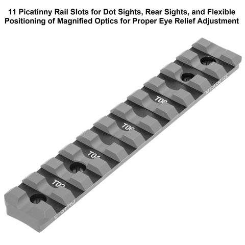 Heavy Duty Ruger 10/22 Picatinny Rail Mount With Sleek Matte Black Finish Machine Milled From Solid Aircraft Aluminum For Hassle Free Scope Alignment And Snappy Field Accuracy Made Stateside, showing 11 slots for optics.