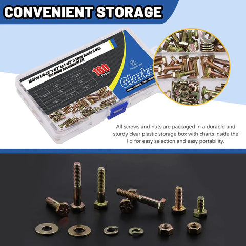 Rock Solid Hex Bolt And Nut Assortment Kit With Grade 8 Coarse Thread Fasteners Flat Lock Washers and Heavy Duty Screws, 180 pcs in organized box.