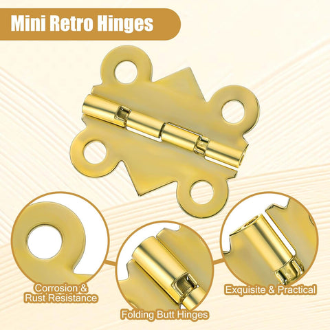 Stainless Steel Tiny Box Hinges 15 Piece Set With 60 Screws Vintage Gold Folding Cabinet Hinges for small boxes and crafts.