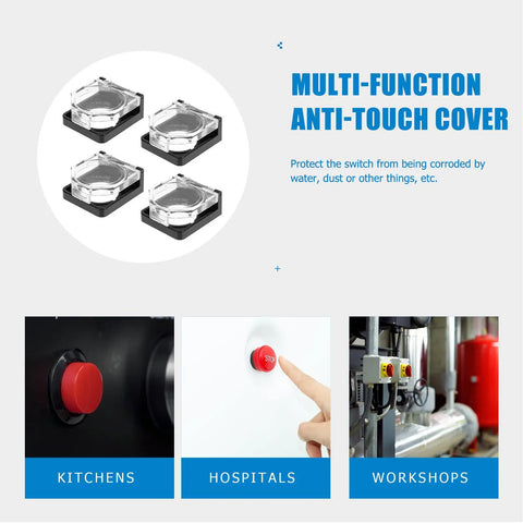 Anti Touch Button Cover With Flip Lid Safety Guard For Industrial Workshop And Hospital Use, Transparent Push Button Protector Preventing Accidental Activation, Durable Flip Top, Easy Install, 4 Pack shown in usage scenarios