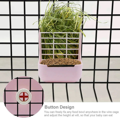 Super Cool Pink Two In One Rabbit Hay Feeder With Automatic Guinea Pig Food Bowl And Quick Release Grass Rack showing grass and food in tray.