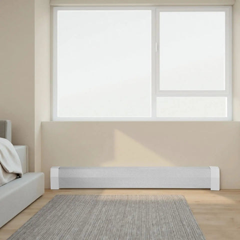 Installed 5 Ft Baseboard Heater Cover, Heavy Duty Steel Front Panel For Electric Heating Unit, Durable White Finish in bedroom.