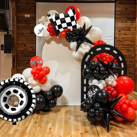 Lit Race Car Balloons Checkered Flag And Tire Balloons Red Black White Latex 12 Inch 35 Piece Party Decor Kit backdrop display