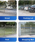 Wheeled Expandable Double Safety Gate Heavy Duty Stainless Steel Traffic Fence For Driveways And Garages shown in street and parking lot.