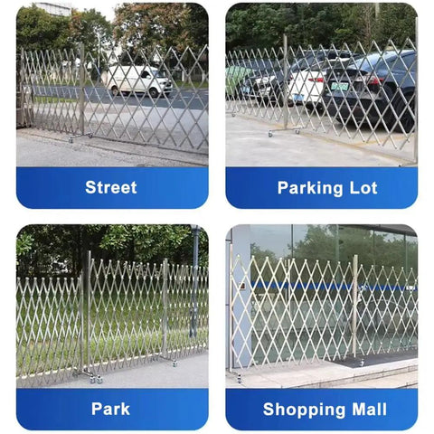 Wheeled Expandable Double Safety Gate Heavy Duty Stainless Steel Traffic Fence For Driveways And Garages shown in street and parking lot.