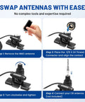 Diagram showing steps to use NMO To Three Eighths Inch By Twenty Four Thread Antenna Adapter For CB Ham Radios
