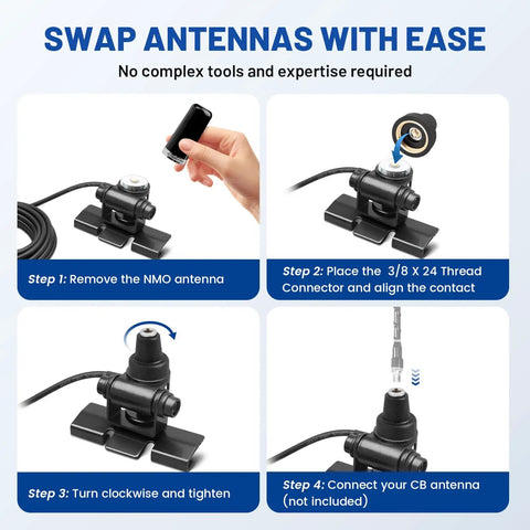 Diagram showing steps to use NMO To Three Eighths Inch By Twenty Four Thread Antenna Adapter For CB Ham Radios